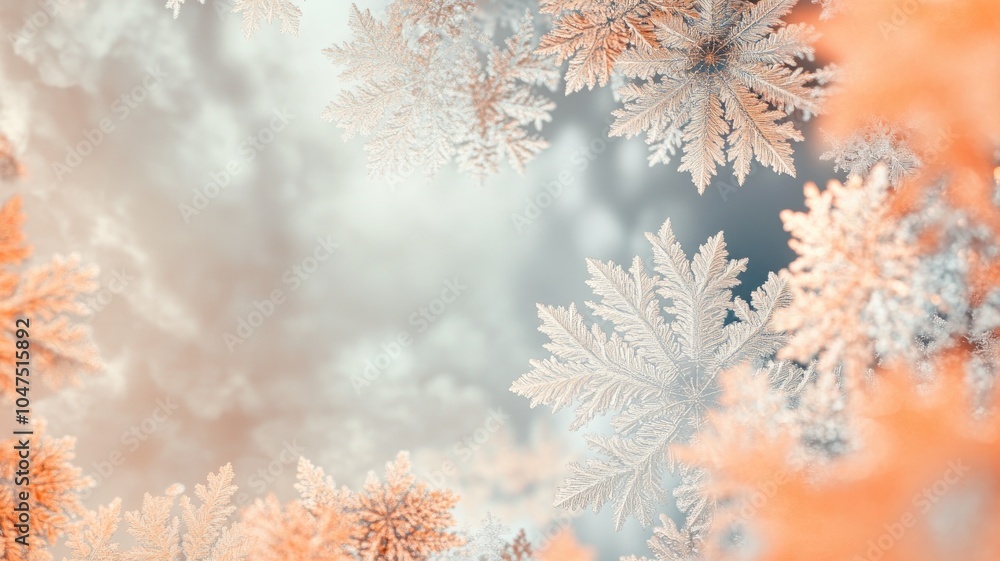 Naklejka premium Delicate, frosty snowflakes in various sizes against blurred background