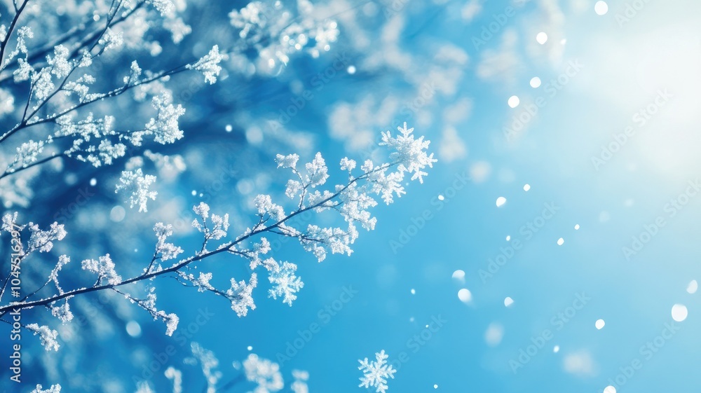 Close-up of snow-covered branch with falling snowflakes Winter scenery Close-up of snow-covered branch with falling snowflakes Winter scenery