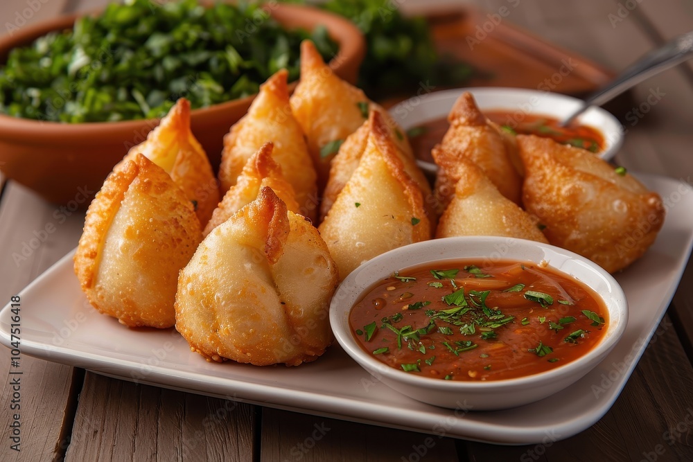 A plate of coxinhas, deep-fried dough balls filled with creamy chicken and spices, served with a side of spicy dipping sauce A plate of coxinhas, deep-fried dough balls filled with creamy chicken and spices, served with a side of spicy dipping sauce