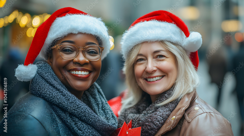 Two 50-year-old blonde woman and an African-American woman in a Santa hat on the background of decorated storefronts of large stores in a bright winter atmosphere full of joy and celebration