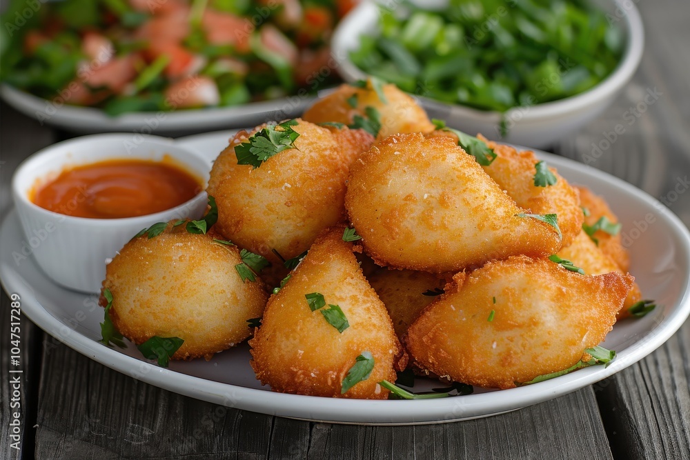 A plate of coxinhas, deep-fried dough balls filled with creamy chicken and spices, served with a side of spicy dipping sauce A plate of coxinhas, deep-fried dough balls filled with creamy chicken and spices, served with a side of spicy dipping sauce