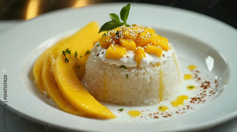 Steamed glutinous rice with mango, isolated on a white porcelain plate, surrounded by fresh mango slices, coconut cream, and sesame seeds Steamed glutinous rice with mango, isolated on a white porcelain plate, surrounded by fresh mango slices, coconut cream, and sesame seeds