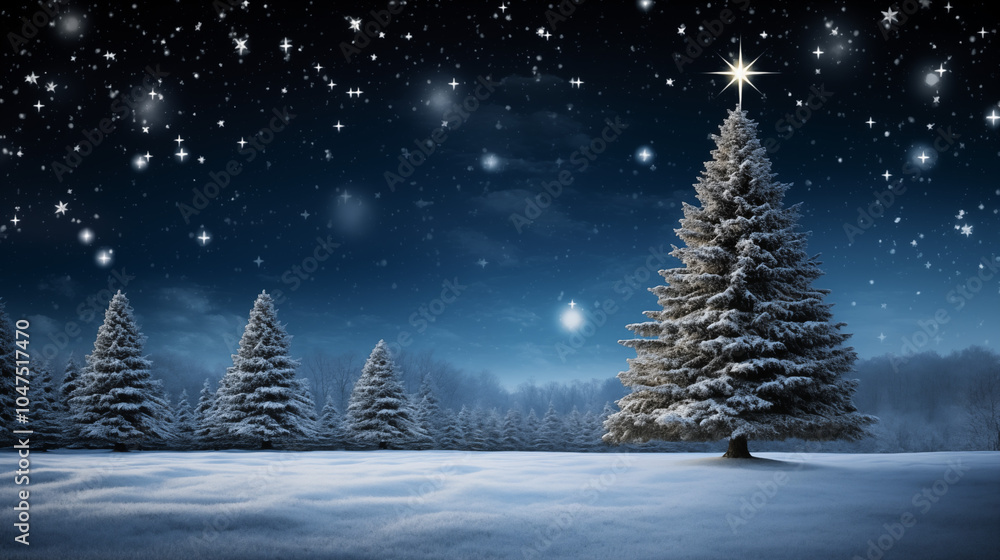 Obraz premium Christmas tree on snowy blue background.Festive Christmas greeting card conveys the magic and wonder of the holiday season.