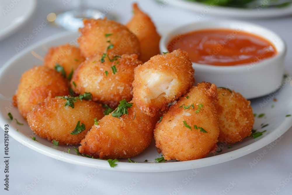 A plate of coxinhas, deep-fried dough balls filled with creamy chicken and spices, served with a side of spicy dipping sauce A plate of coxinhas, deep-fried dough balls filled with creamy chicken and spices, served with a side of spicy dipping sauce