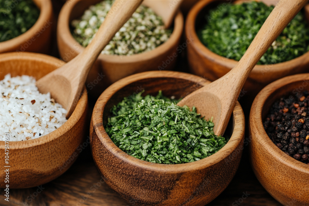 Wooden bowls filled with various dried herbs and spices create a vibrant and aromatic display, celebrating the art of cooking