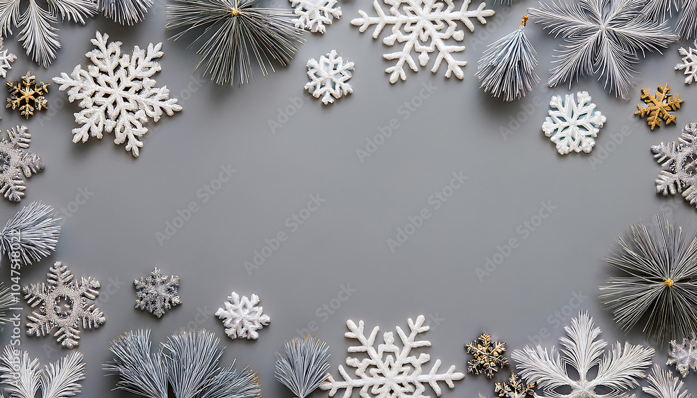 Snowflakes frame pastel gray background flat lay with plenty of copy space for a festive ho_1(617) Snowflakes frame pastel gray background flat lay with plenty of copy space for a festive ho_1(617)