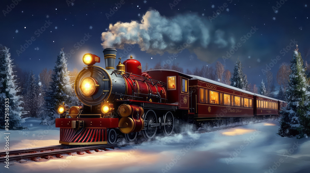 steam-powered red train in a winter landscape steam-powered red train in a winter landscape