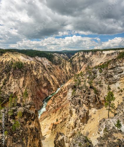 Yellowstone National Park at Inspiration Point on the north rim trail with view of Yellowstone river at the Grand Canyon of the Yellowstone river photo