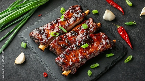 Steamed pork riblets in black bean sauce, isolated on a gray stone surface, surrounded by green onions, garlic cloves, and fresh red chilies photo