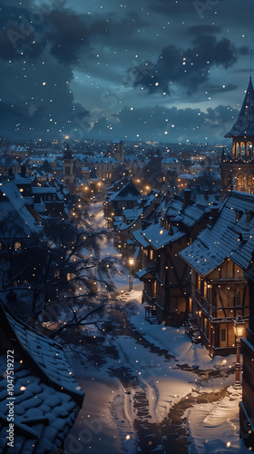 Cozy winter townscape with snow-covered roofs, illuminated buildings, and snowfall against a dark night sky