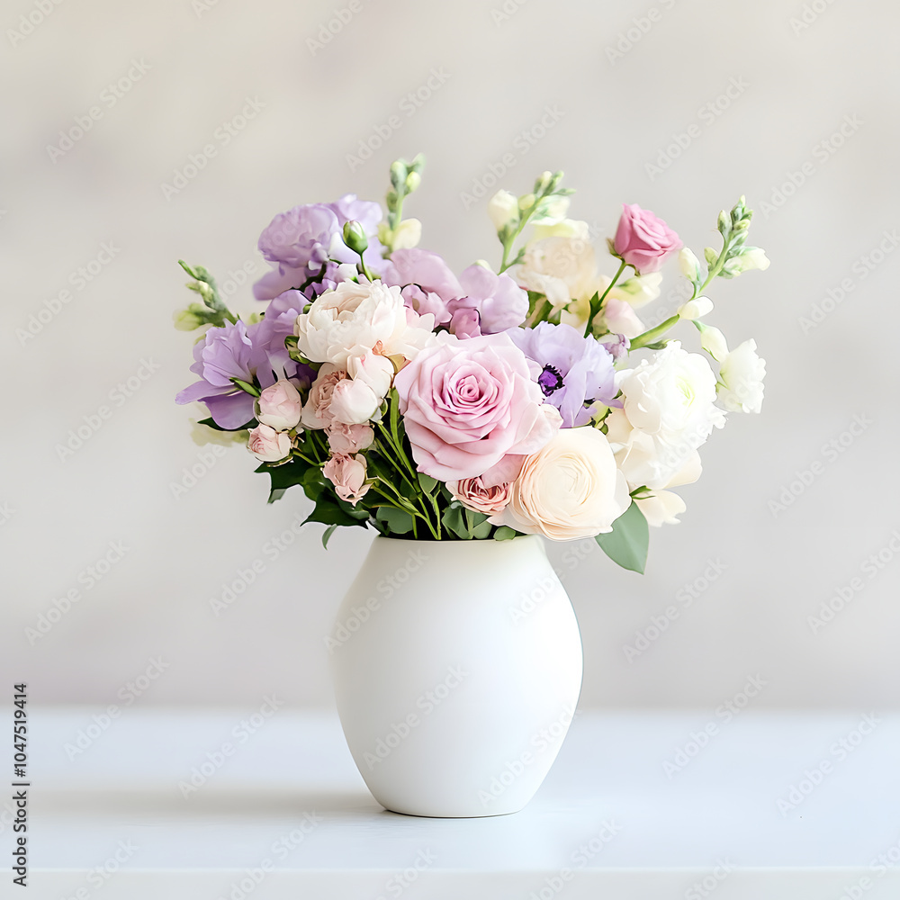 A beautiful arrangement of pastel roses and delicate flowers in a white vase on a soft, neutral background A beautiful arrangement of pastel roses and delicate flowers in a white vase on a soft, neutral background