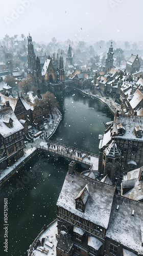 Aerial perspective of a quaint snow-covered village nestled in a mountainous landscape, with charming half-timbered buildings, a church steeple, and a light dusting of snow.