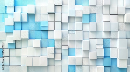 This wallpaper has a futuristic look with white and blue shapes arranged in a grid pattern. It's designed to look like a real textured wall and can be repeated seamlessly. photo