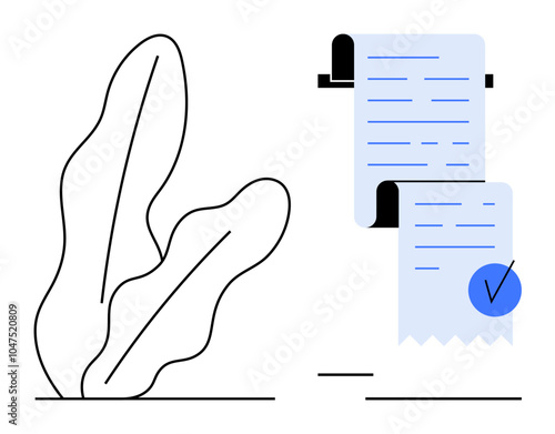 Simple plant outline and receipt with blue check mark highlight themes of financial transactions and completing tasks. Ideal for finance, accounting, business, approval processes, and productivity