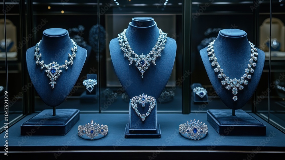 Three diamond necklaces and two tiaras on display in a glass case. Three diamond necklaces and two tiaras on display in a glass case.