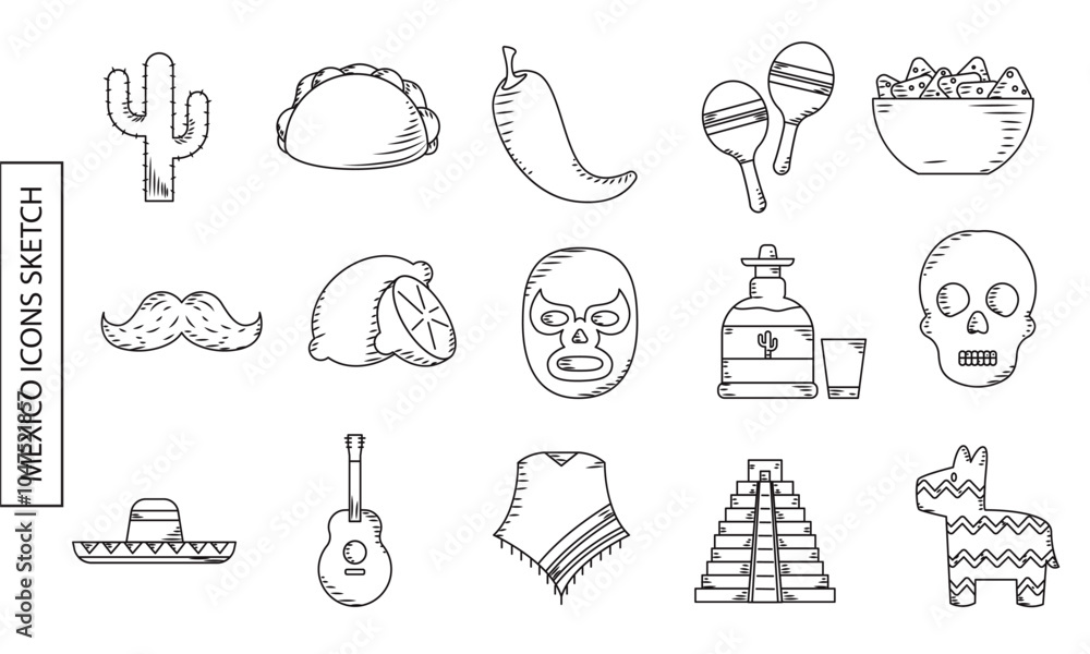 Fototapeta premium Hand-drawn Mexican symbols like taco, maracas, and pyramid, Vector