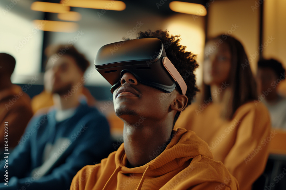 Young student using a VR headset in a classroom. STEM/STEAM Concept. Encouraging young people to pursue careers in Science, Technology, Engineering, Arts, and Math. Young student using a VR headset in a classroom. STEM/STEAM Concept. Encouraging young people to pursue careers in Science, Technology, Engineering, Arts, and Math.