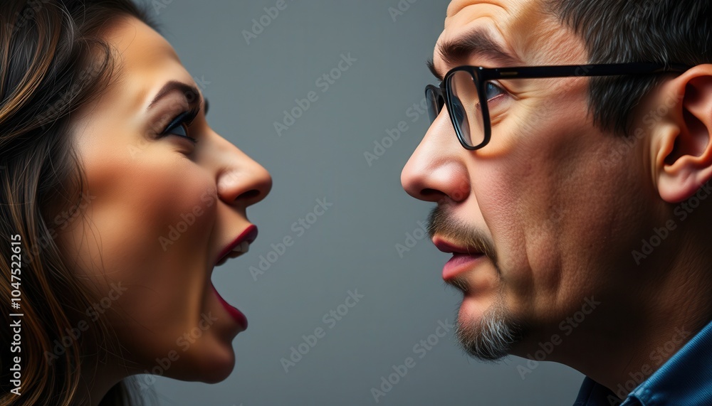 A heated argument between a man and woman in a close-up setting emphasizing their intense emotions and distinct facial expressions A heated argument between a man and woman in a close-up setting emphasizing their intense emotions and distinct facial expressions