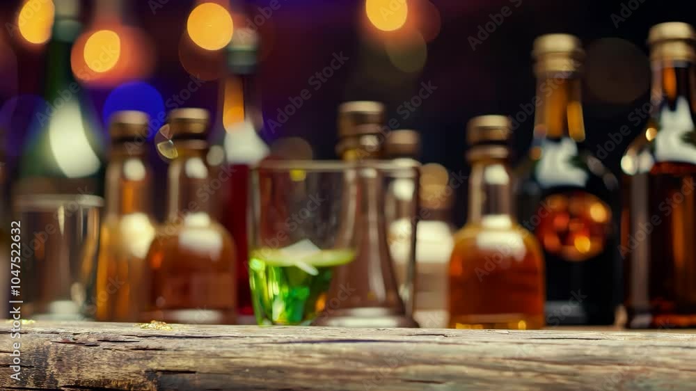 Rustic bar scene with whiskey bottles and glass on wooden counter Rustic bar scene with whiskey bottles and glass on wooden counter