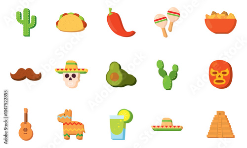 Cactus, taco, and maracas colorful Mexican icons, Vector