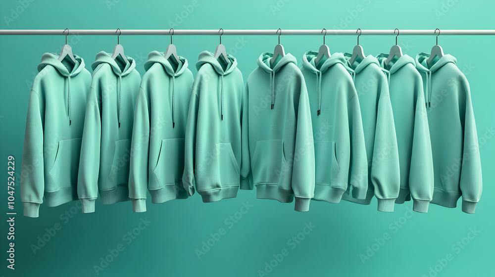 A row of mint-colored hoodies displayed on hangers against a matching background. A row of mint-colored hoodies displayed on hangers against a matching background.