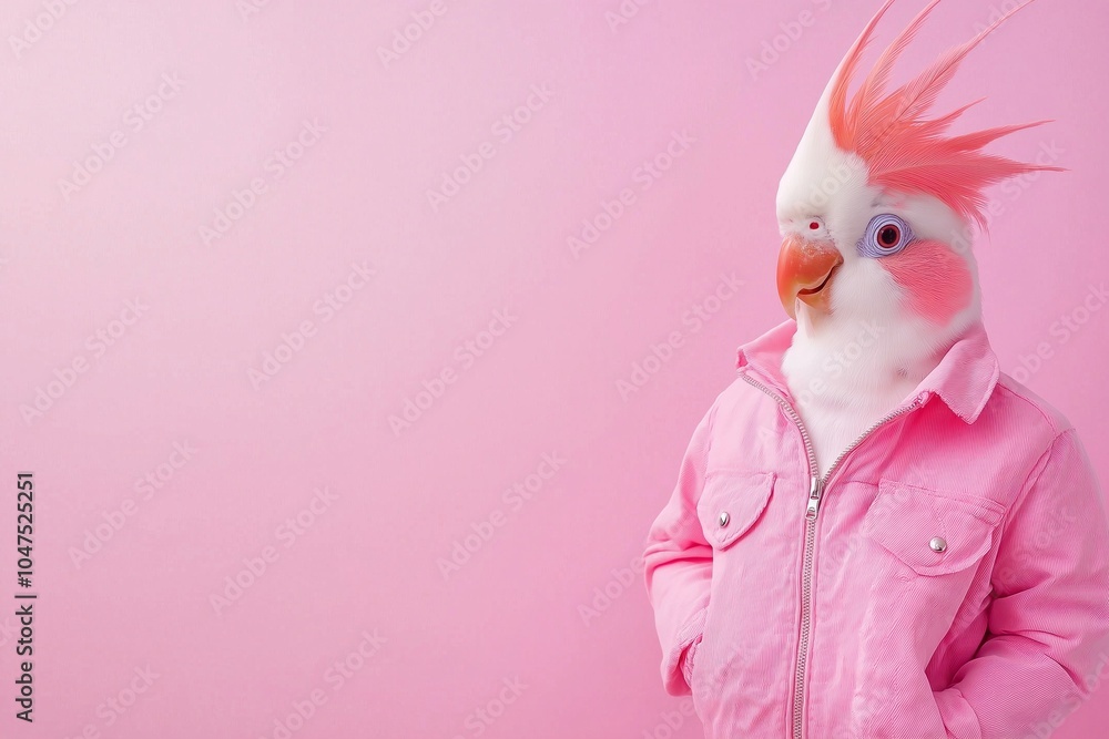 A punk parrot with a mohawk and pink jacket stands against a soft pink background in stylish minimalist decor A punk parrot with a mohawk and pink jacket stands against a soft pink background in stylish minimalist decor