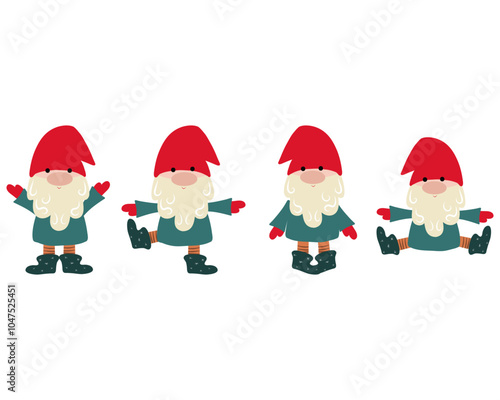 Hand drawn set of cute dancing gnomes in one line, hand drawn vector illustration
