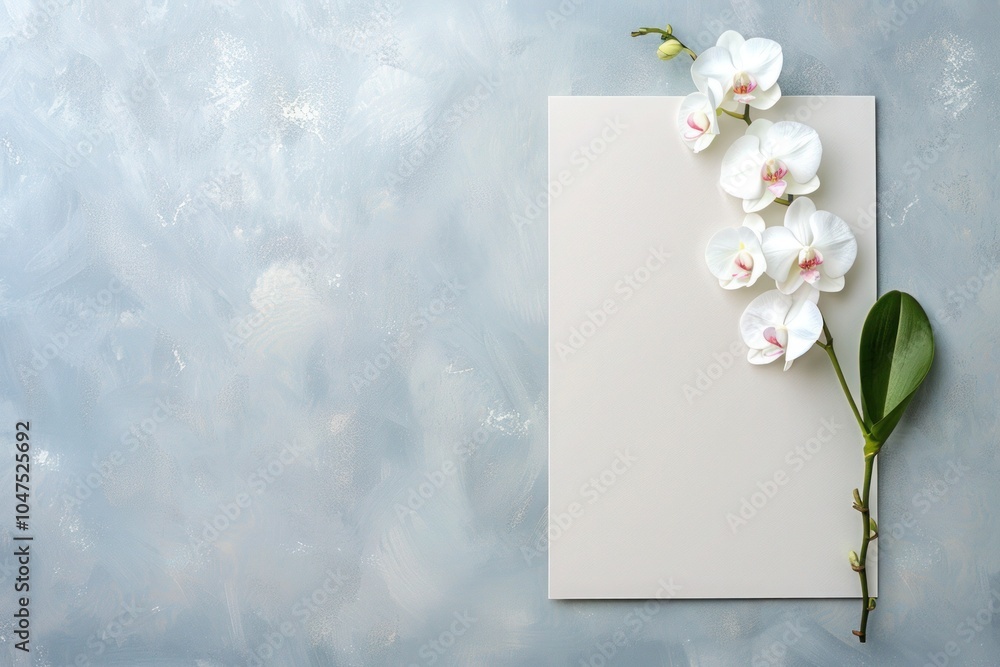 Floral Greetings: Pink and White Orchids with Blank Card on Gray Background Floral Greetings: Pink and White Orchids with Blank Card on Gray Background