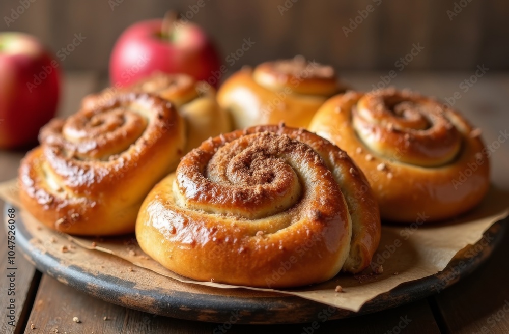 Close-up of freshly baked cinnamon rolls with a golden-brown glaze, displayed on parchment paper with whole apples in the background, evoking cozy baking vibes Close-up of freshly baked cinnamon rolls with a golden-brown glaze, displayed on parchment paper with whole apples in the background, evoking cozy baking vibes