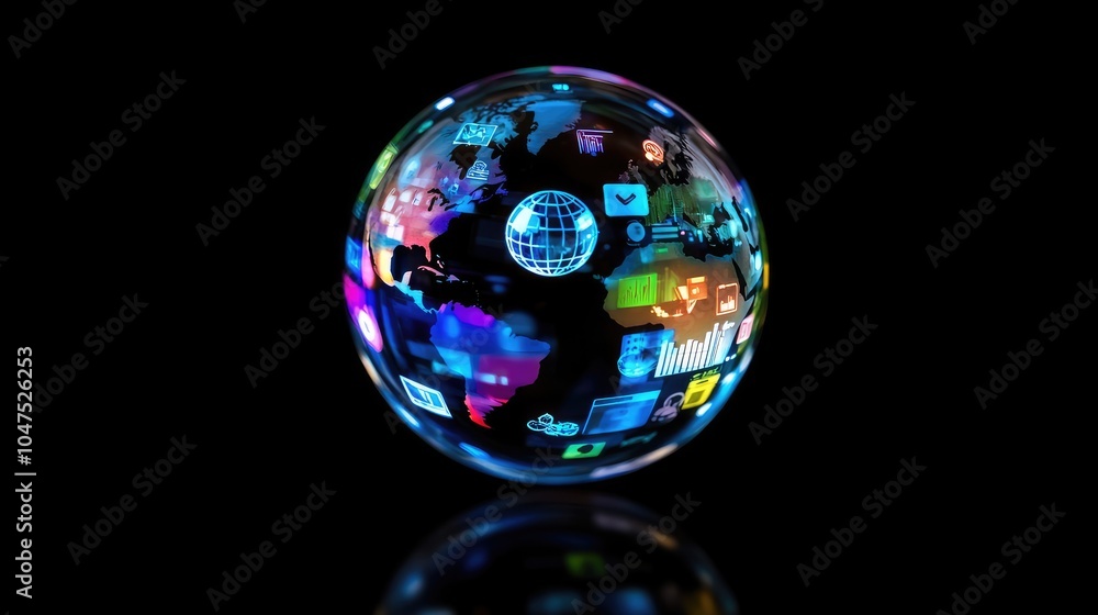 business icons on glowing globe , black setting (close up, focus on, copy space) dazzling and lively tones Double exposure silhouette with glowing ball business icons on glowing globe , black setting (close up, focus on, copy space) dazzling and lively tones Double exposure silhouette with glowing ball