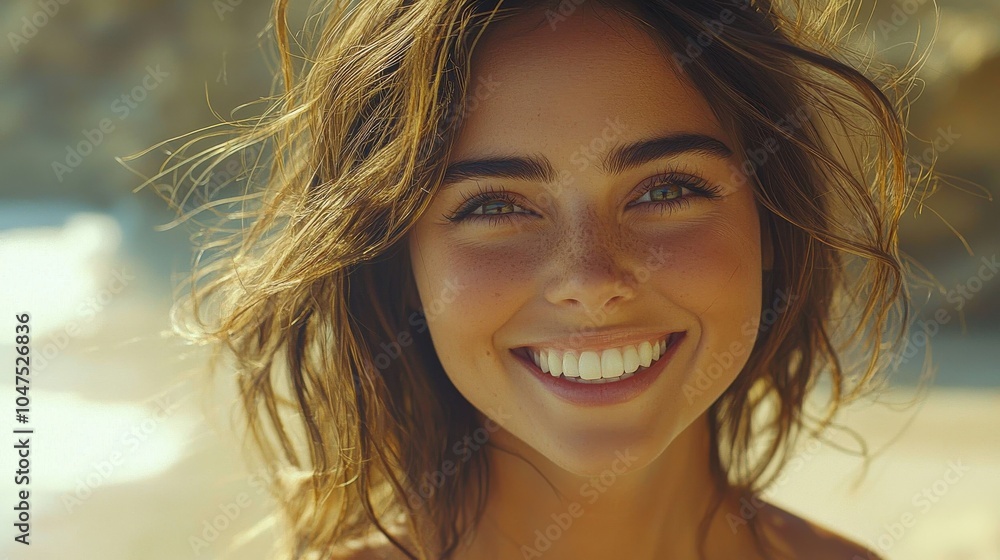 A young woman enjoys a sunny day at the beach, smiling brightly with wind-swept hair and the ocean in the background during midday A young woman enjoys a sunny day at the beach, smiling brightly with wind-swept hair and the ocean in the background during midday