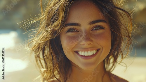 A young woman enjoys a sunny day at the beach, smiling brightly with wind-swept hair and the ocean in the background during midday