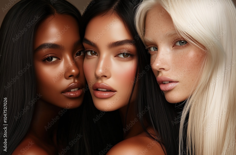 Three women with different hair colors and makeup styles are posing for a photo Three women with different hair colors and makeup styles are posing for a photo