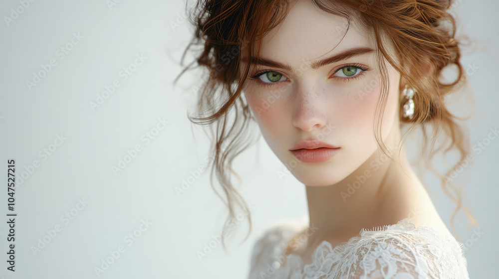 Fototapeta premium thin bride with dense curls and striking green eyes, exuding elegance and grace. Her delicate features and soft expression create captivating and serene atmosphere
