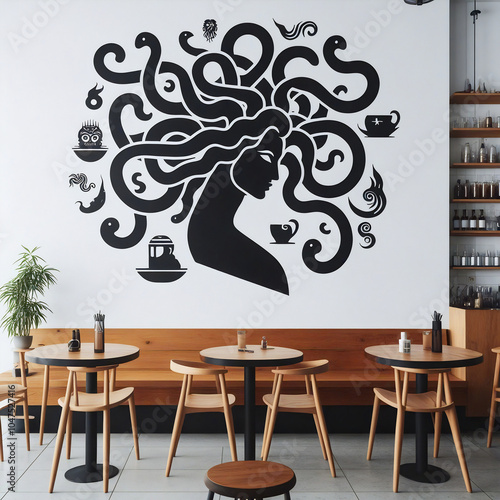 Cafe interior design. Mockup. Graffiti sketch Head of Medusa Gorgon, a character from ancient Greek legends.
