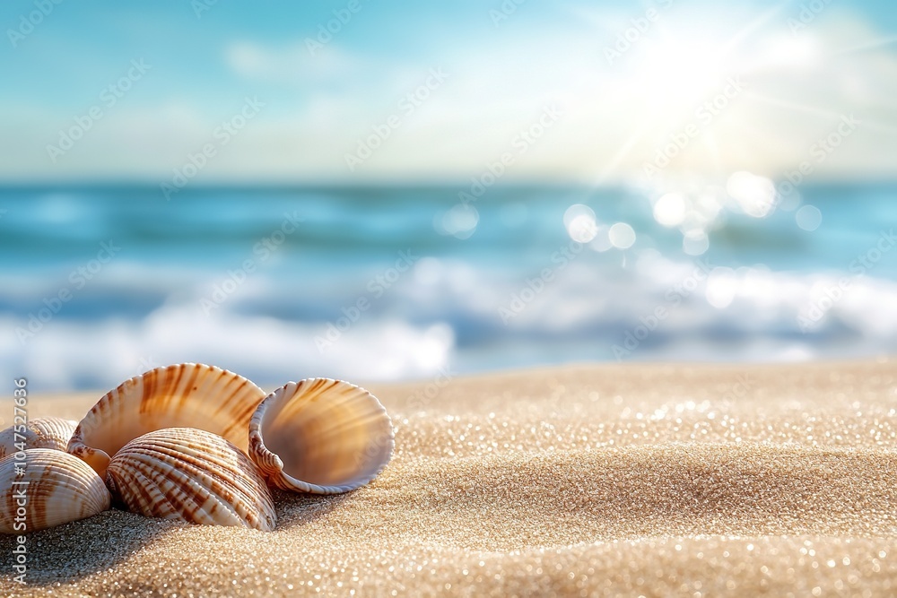 Seashells on sunny beach with sparkling sand and waves Seashells on sunny beach with sparkling sand and waves