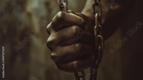 A close-up of hands gripping chains, symbolizing struggle, oppression, and the fight for freedom and human rights. International Day for the Abolition of Slavery photo