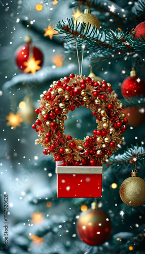 Festively decorated Christmas trees with red and golden garlands into a forest with snow, Xmas stars and presents