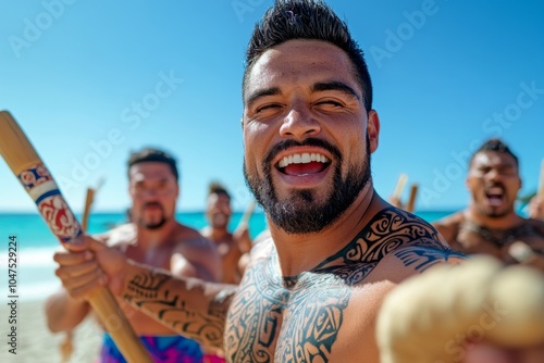 A Maori haka dance in New Zealand with warriors performing a powerful, traditional war dance in a show of strength and unity, symbolizing the pride and heritage of indigenous Maori culture photo