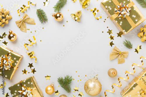 Christmas decor, gift boxes and confetti on color background, top view. Copy space for design