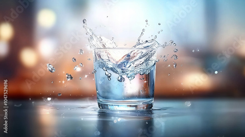 Banner showing dynamic splash water within glass on table with creative colorful bokeh effects background