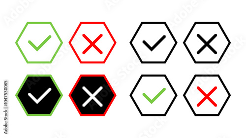 Vector mark icon button set. Right and wrong buttons. Accept or decline buttons. Minimalistic symbols.