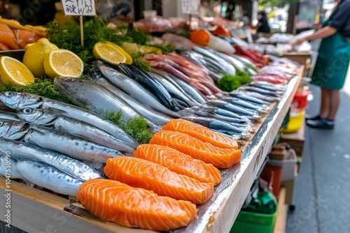 A busy fish market in Tokyo with fresh seafood, fishermen selling their catch, and bustling activity in the early morning, showing the daily life of Japanâ€™s famous Tsukiji market photo