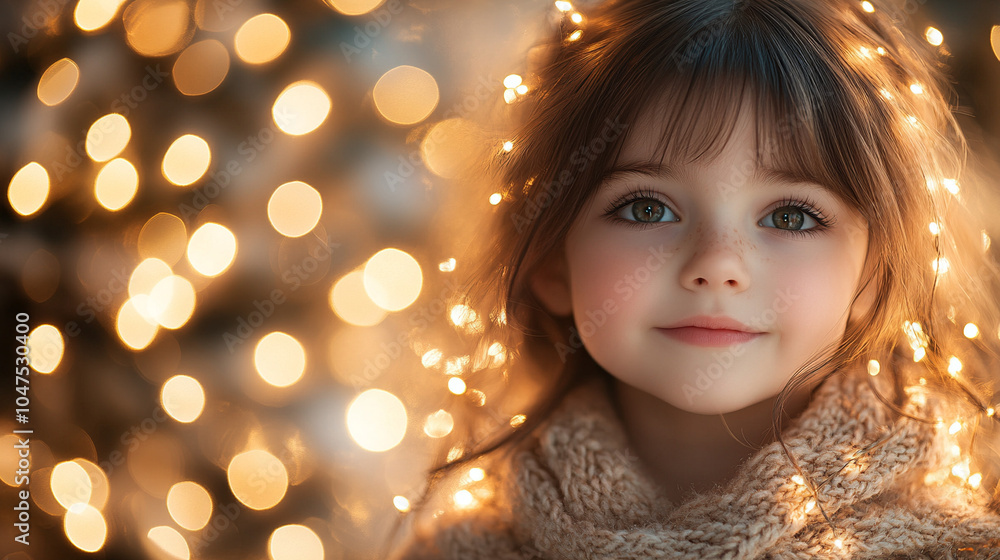 Happy little girl with a glowing garland in her hair Happy little girl with a glowing garland in her hair