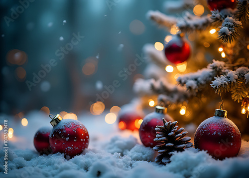 Snowflakes and lights create a festive Christmas atmosphere with ornaments and wintry elements surrounding the holiday season. photo