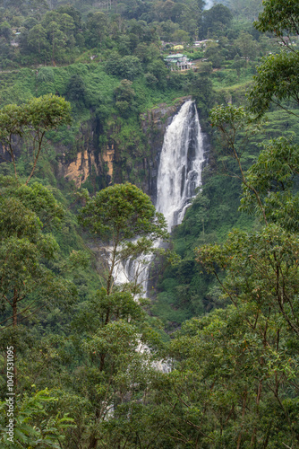 Waterfalls in the highlands, jungle, fields and tea plantations paint the picture in this region. Green landscape shot in cloudy weather between Kandy and Nuwara Eliya, Sri Lanka, Asia photo