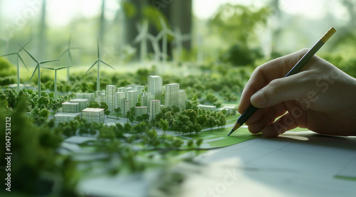 Depicts a close-up of a business setting where a person is writing on documents with charts and graphs. Small model trees and stacks of coins are placed on the papers symbolizing growth and investment photo