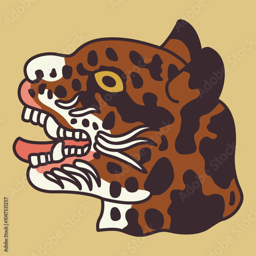 Head of a jaguar or ocelot. Feline portrait. Indigenous Native American design from Mexican codex. Ethnic animal art of Aztec or Mixtec Indians.