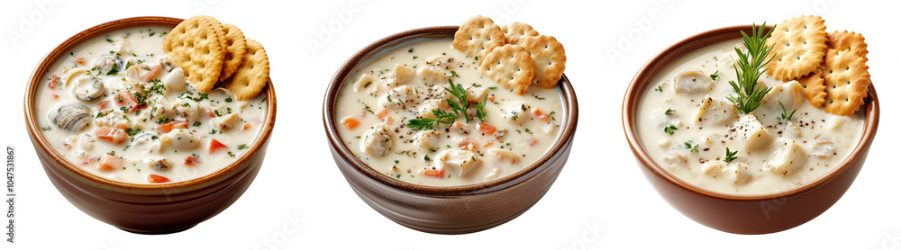 Creamy chowder or soup with crackers isolated on transparent PNG background perfect for winter recipes or cozy restaurant menus. Creamy chowder or soup with crackers isolated on transparent PNG background perfect for winter recipes or cozy restaurant menus.