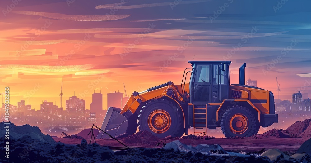 In the sky background, after dusk, wheel loaders are excavating the ground at a construction site, Generative AI. In the sky background, after dusk, wheel loaders are excavating the ground at a construction site, Generative AI.